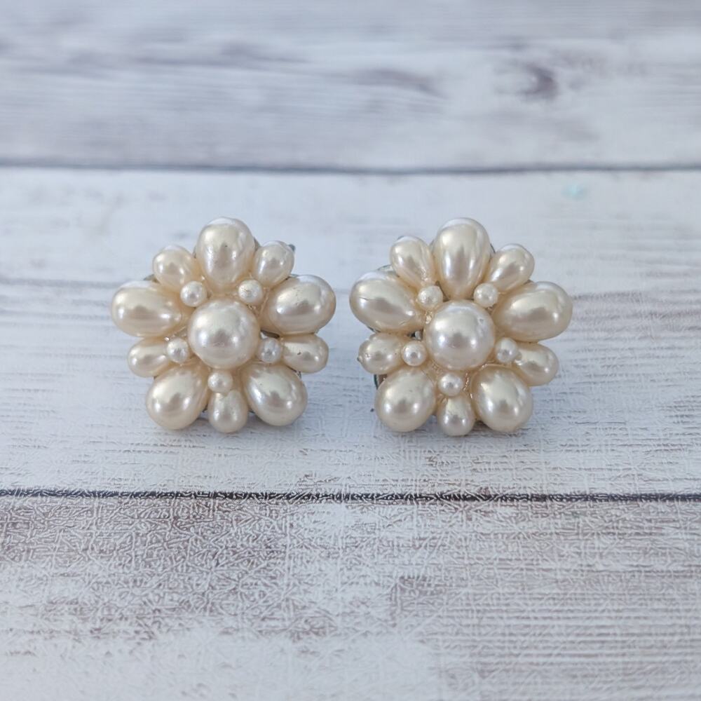 Vintage Screw On Earrings Faux Pearl Flower - Tarnished